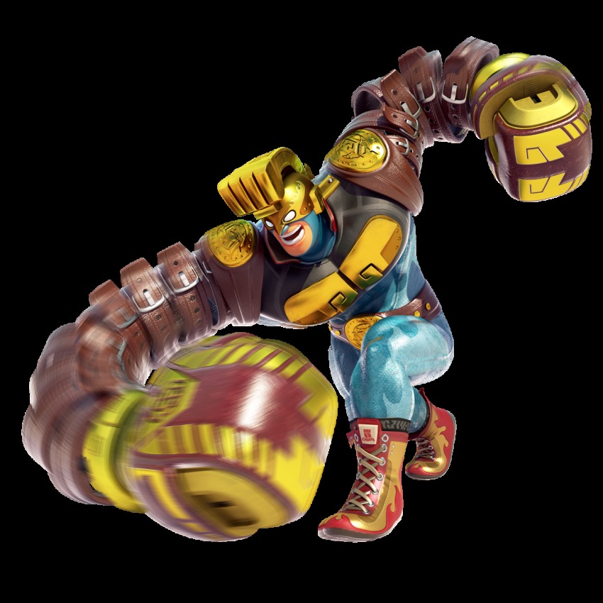 1boy arms_(game) belt bodysuit boots boxing_gloves championship_belt full_body helmet highres lace-up_boots male_focus max_brass motion_blur nintendo no_pupils official_art punching red_boots roaster_(arms) solo transparent_background