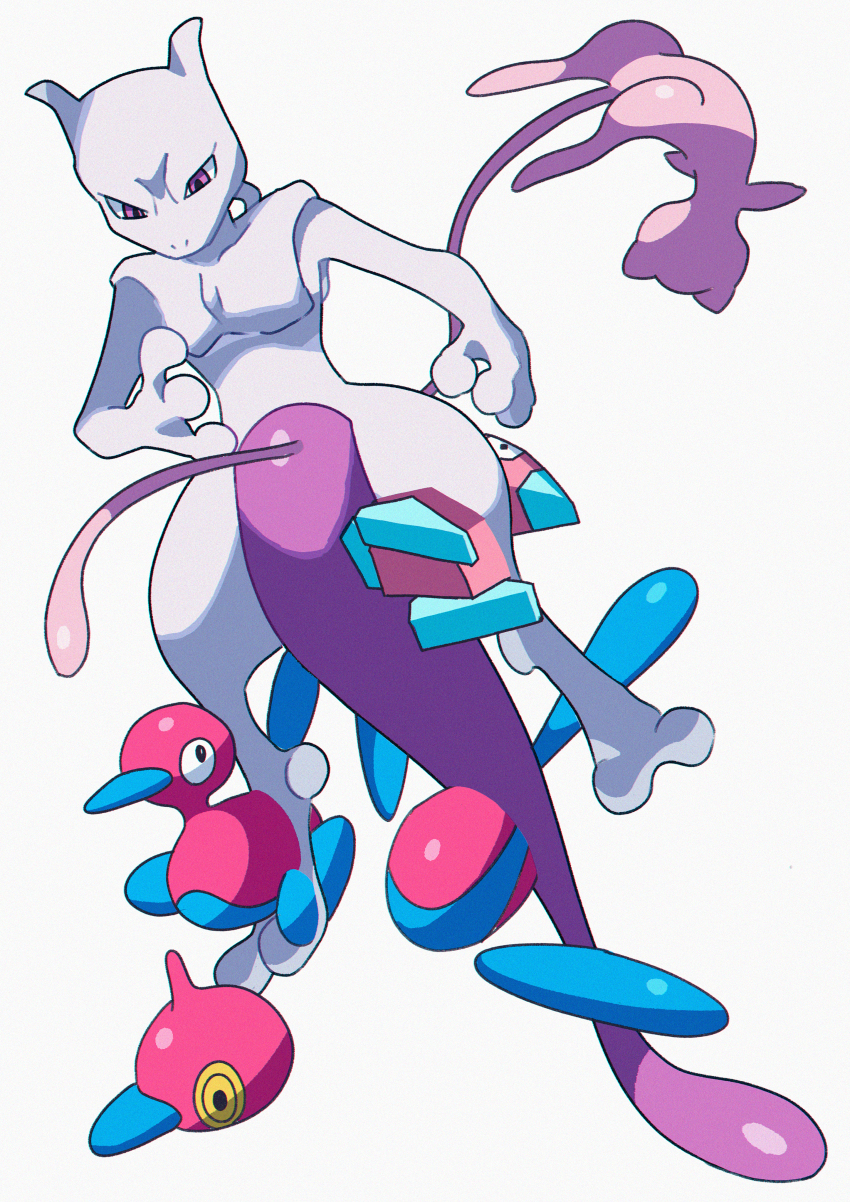 absurdres black_eyes bright_pupils commentary furrowed_brow gen_1_pokemon gen_2_pokemon gen_4_pokemon highres horns legendary_pokemon looking_down looking_up mew_(pokemon) mewtwo mythical_pokemon nintendo noclip pokemon pokemon_(creature) porygon porygon-z porygon2 purple_eyes saiku_(zvlku) simple_background toes white_background