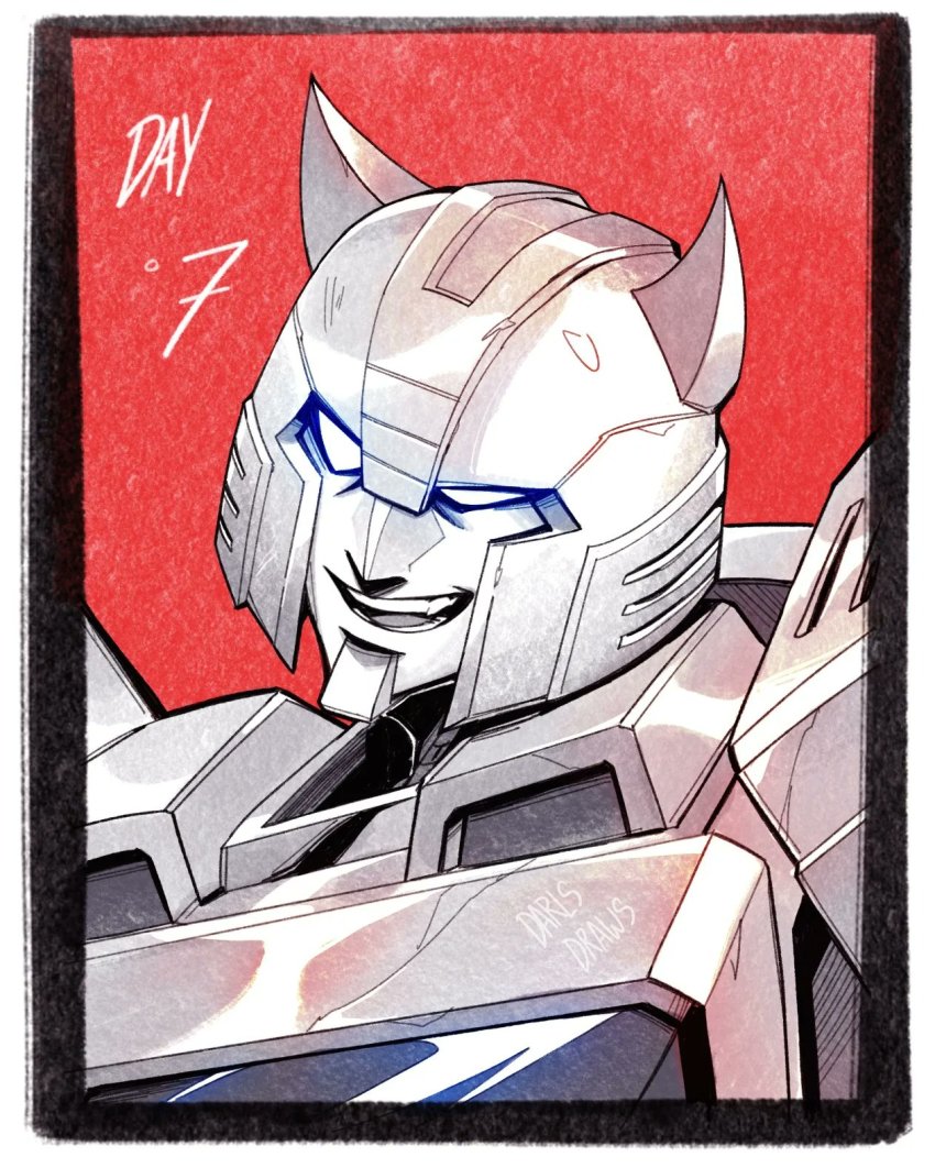 autobot black_border blue_eyes border cliffjumper glowing glowing_eyes head_tilt highres horns lina_rojas mecha open_mouth portrait red_background robot smile solo transformers