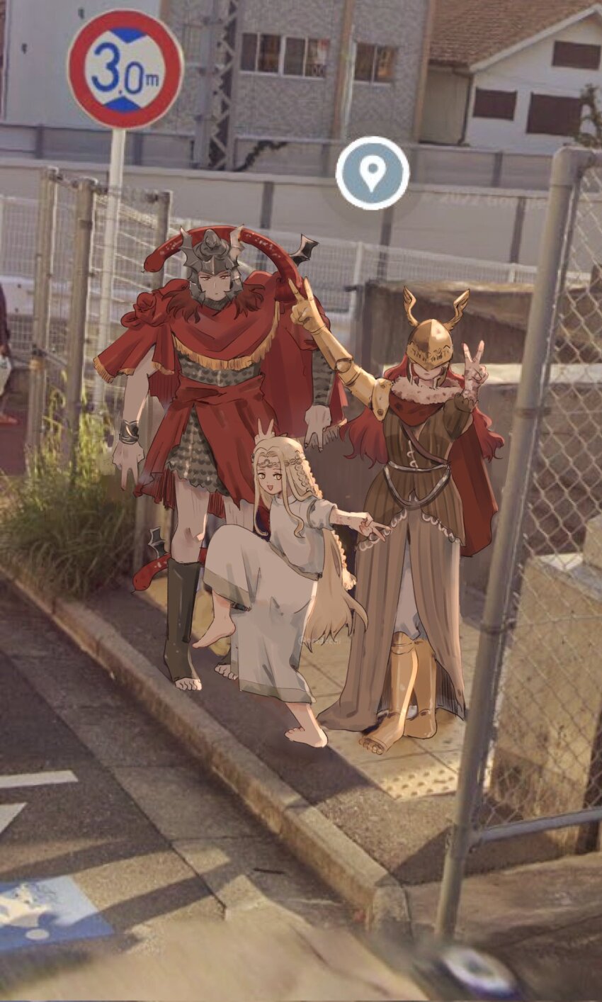 1girl 2boys armor barefoot blonde_hair braid chain-link_fence chainmail double_v elden_ring fence google_maps helmet high_school_girls_posing_for_google_street_view_(meme) highres leg_armor long_hair malenia_blade_of_miquella medium_hair meme messmer_the_impaler miquella_(elden_ring) multiple_boys oredcchi prosthesis prosthetic_arm red_hair red_robe robe snake standing standing_on_one_leg v winged_helmet