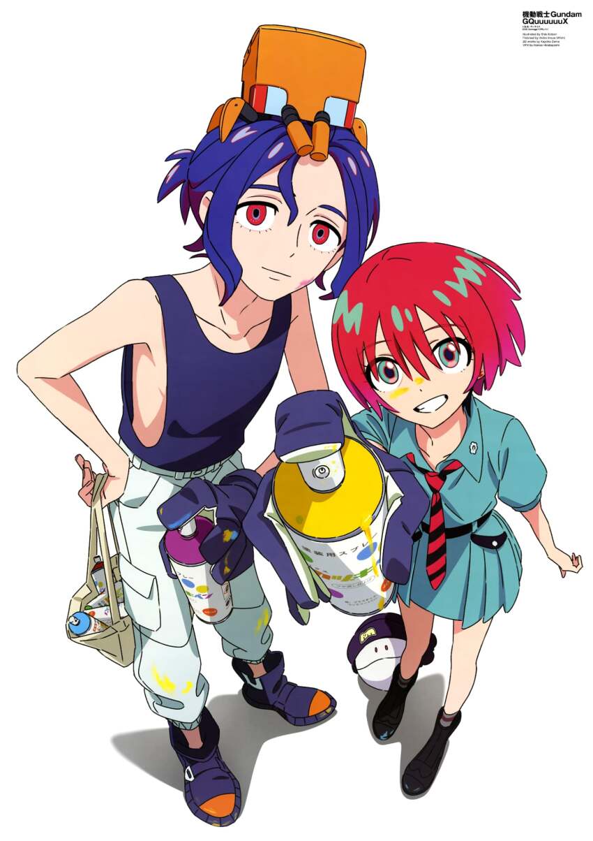 1boy 1girl amate_yuzuriha aqua_dress aqua_eyes blue_hair blush borrowed_clothes breasts closed_eyes closed_mouth collared_dress colored_inner_hair conch_(gundam) cowboy_shot dress gloves gundam gundam_gquuuuuux haro highres holding holding_spray_can kobori_shie looking_at_viewer multicolored_hair necktie non-humanoid_robot official_art open_mouth paint pants ponytail purple_hair red_eyes red_hair robot school_uniform short_hair shuji_ito simple_background single_glove smile spray_can spray_paint spraying tank_top two-tone_hair white_background