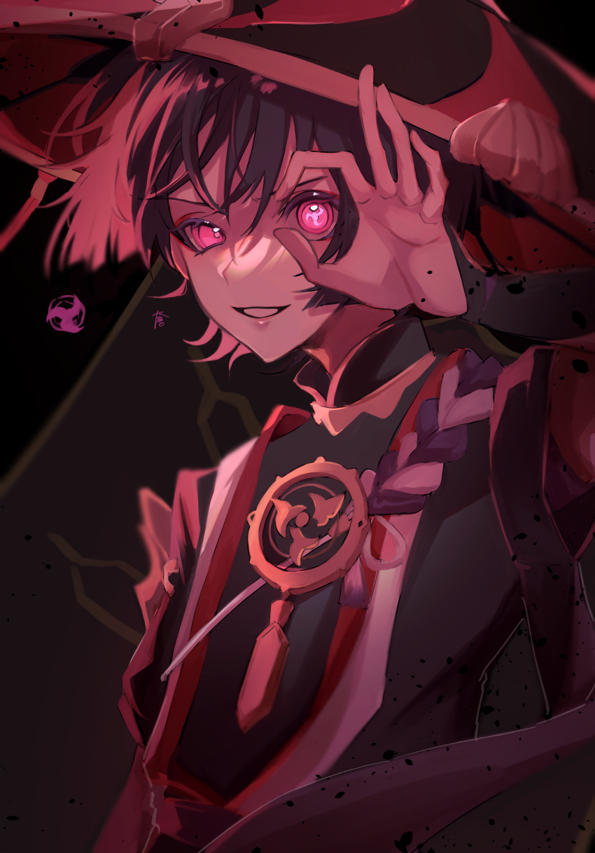 1boy absurdres alternate_eye_color armor black_background black_bodysuit black_hair black_hat black_kimono black_sleeves blunt_ends bodysuit electro_symbol_(genshin_impact) eyelashes furisode genshin_impact gold gold_trim grey_veil hand_over_eye hand_up hat highres japanese_armor japanese_clothes jewelry jingasa juban kimono kote kurokote looking_at_viewer male_focus mandarin_collar mitsudomoe_(shape) multicolored_hair neck_ring nero_hanken open_clothes open_kimono open_mouth pink_eyes purple_rope purple_sash red_hair red_hat red_kimono red_theme rope sash scaramouche_(genshin_impact) shimenawa single_sode smile solo streaked_hair symbol-shaped_pupils tassel tomoe_(symbol) upper_body veil white_kimono white_mouth white_rope wispy_bangs