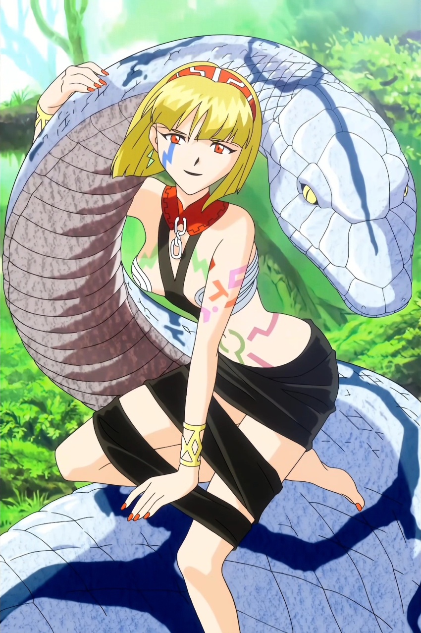 animal blonde_hair bracelet bromide giant_snake grass highres jewelry lunar lunar:_the_silver_star official_art orange_eyes outdoors oversized_animal royce smile snake tattoo tree tribal_tattoo