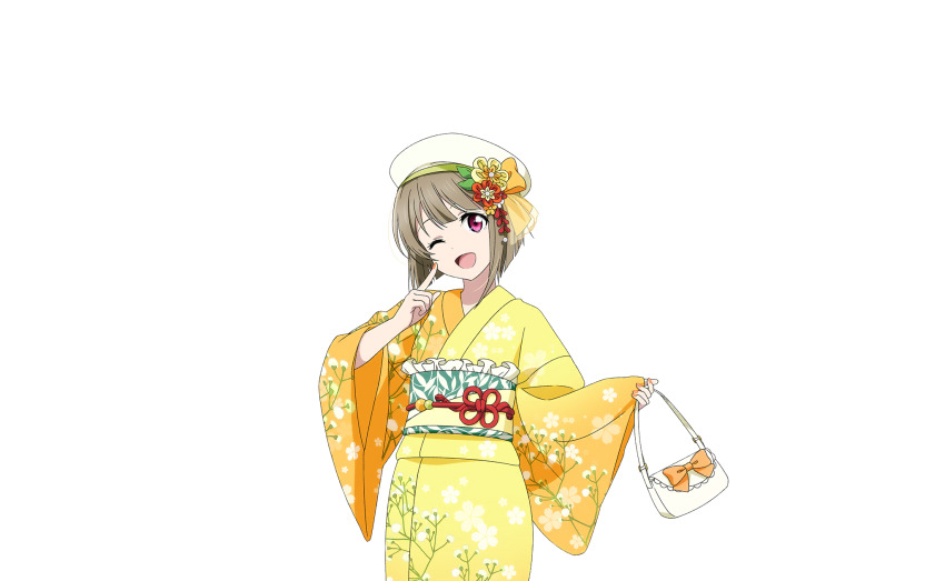 1girl bag blunt_bangs bob_cut bow brown_hair commentary cowboy_shot floral_print flower frills hair_ornament handbag hands_up hat hat_flower hat_ribbon highres holding holding_bag index_finger_raised japanese_clothes kimono long_sleeves looking_at_viewer love_live! love_live!_nijigasaki_high_school_idol_club love_live!_school_idol_festival_2 multiple_girls nakasu_kasumi obi obijime official_art open_mouth orange_ribbon pointing pointing_at_self print_kimono red_eyes red_flower ribbon sash short_hair smile solo transparent_background white_bag white_hat yellow_flower yellow_kimono yukata