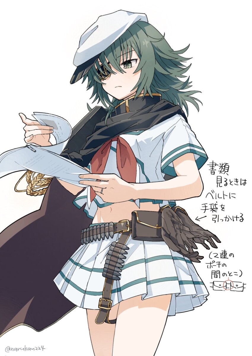 1girl belt black_cape cape closed_mouth eyepatch gloves green_eyes green_hair hair_between_eyes hat highres holding holding_paper kantai_collection kiso_(kancolle) kiso_kai_ni_(kancolle) midriff narukan neckerchief paper pleated_skirt red_neckerchief safety_pin sailor_collar school_uniform serafuku short_sleeves simple_background skirt solo translation_request unworn_gloves white_background white_hat white_skirt