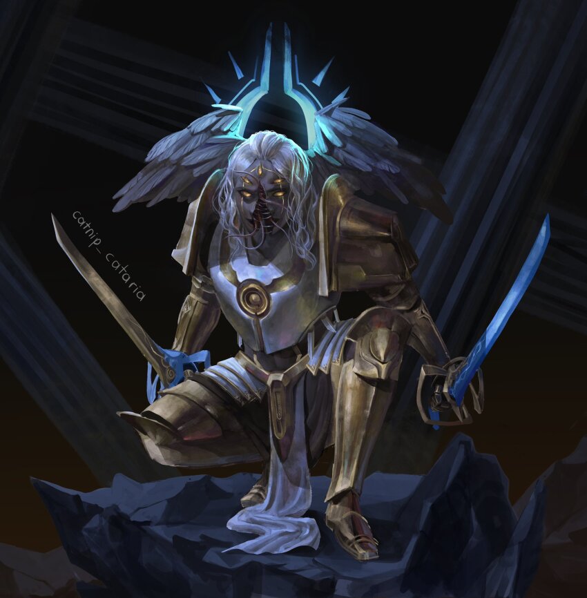 1boy arm_guards armor boots breastplate catnip_cataria column dim_lighting dual_wielding eldritch_abomination empty_eyes extra_eyes extra_tongue feathered_wings full_body gabriel_(ultrakill) hair_over_shoulder highres holding holding_sword holding_weapon horror_(theme) knee_up long_tongue looking_at_viewer male_focus open_mouth pelvic_curtain pillar rock sharp_teeth shoulder_armor solo squatting sword teeth tongue ultrakill vertical_mouth weapon white_hair white_wings wings yellow_eyes