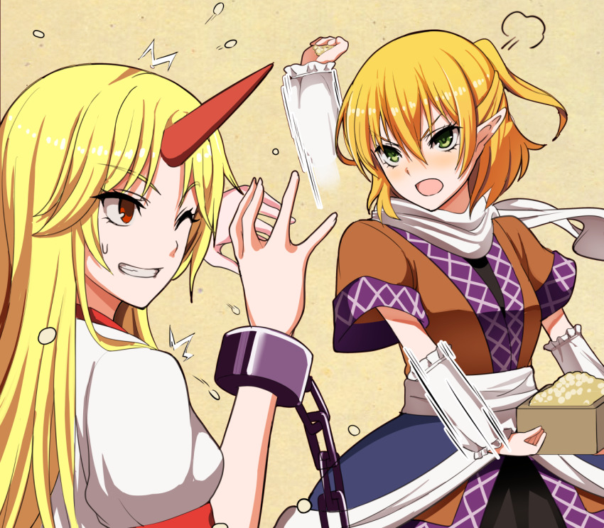 arm_warmers black_shirt black_skirt blonde_hair blush breasts brown_shirt chain commentary_request cuffs green_eyes grin highres horns hoshiguma_yuugi long_hair looking_at_another masu medium_breasts mizuhashi_parsee open_mouth pointy_ears puff_of_air red_eyes red_horns rishi_(ugati028) sash scarf setsubun shirt short_hair short_sleeves single_horn skirt smile soybean throwing touhou undershirt upper_body v-shaped_eyebrows white_sash white_scarf yellow_background