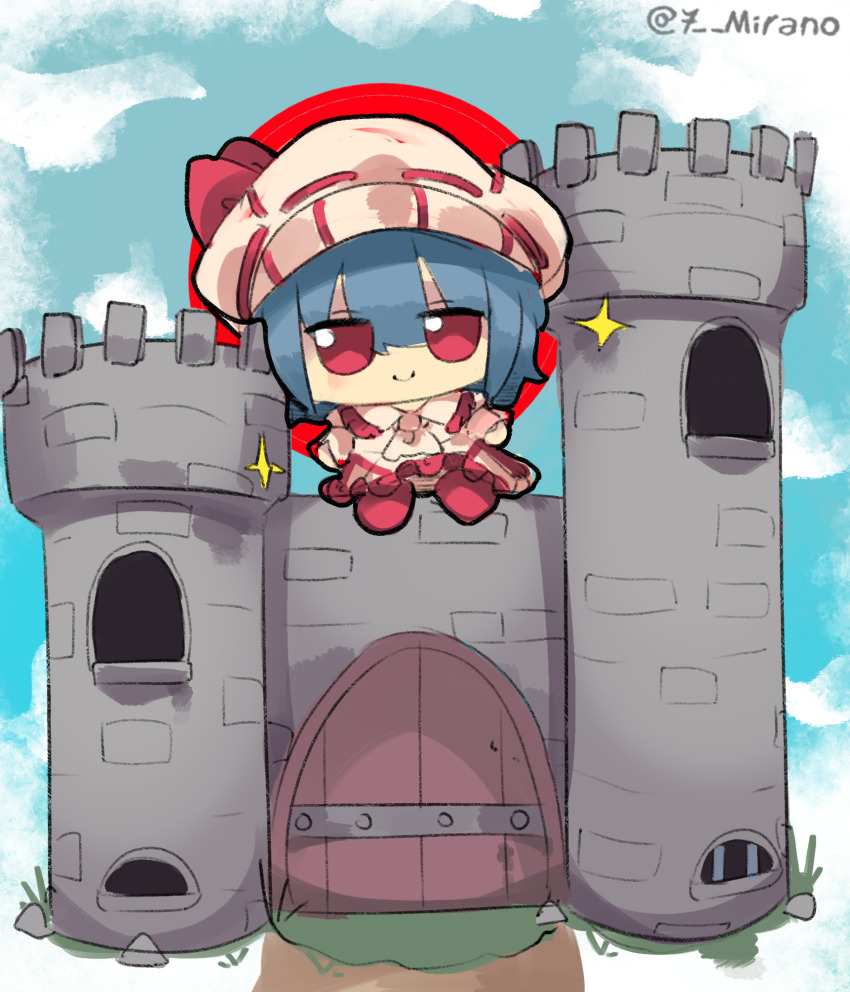 1girl 7-mirano ascot bat_wings blue_hair castle character_doll doll fumo_(doll) hat hat_ribbon highres mob_cap red_ascot red_eyes remilia_scarlet ribbon short_hair touhou wings