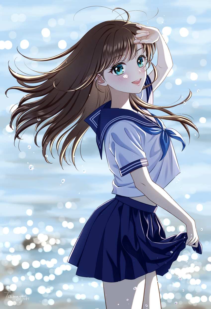 1girl aqua_eyes blue_neckerchief blue_sailor_collar blue_skirt blurry blurry_background brown_hair commentary_request cowboy_shot day floating_hair from_side hand_up highres long_hair looking_at_viewer neckerchief ocean open_mouth original outdoors pleated_skirt sailor_collar school_uniform serafuku shirt short_sleeves signature skirt skirt_hold smile solo teeth tsumagari_yuki upper_teeth_only white_shirt wind