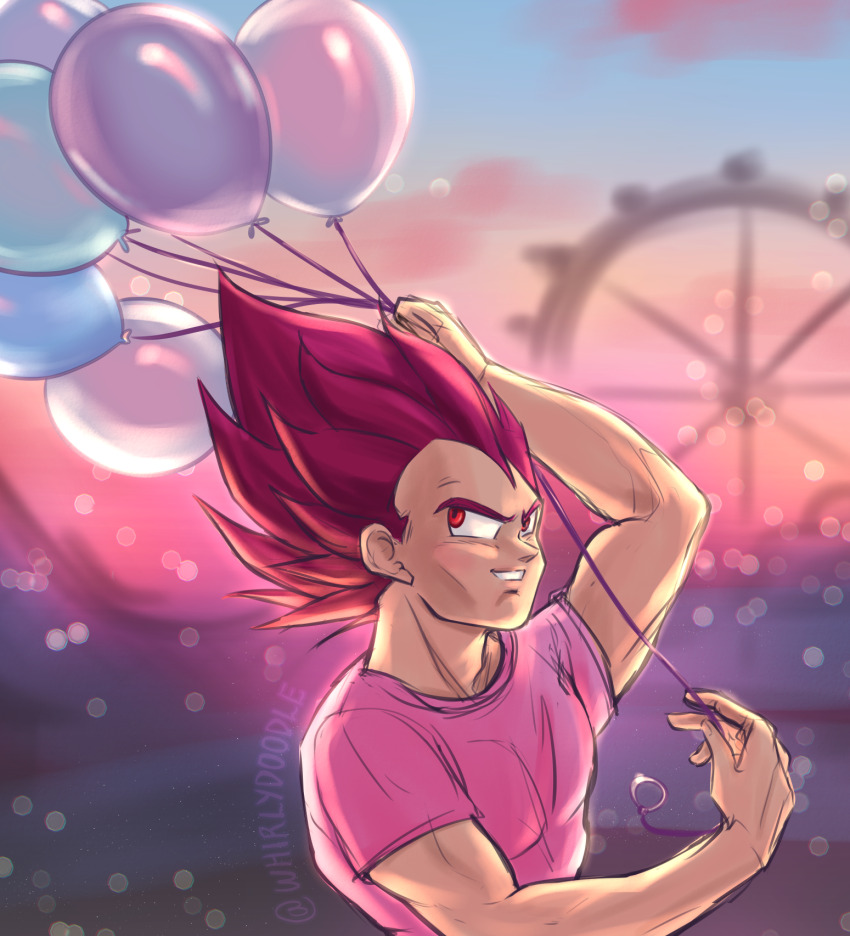 1boy artist_name balloon blurry blurry_background commentary dragon_ball dragonball_z english_commentary ferris_wheel highres holding holding_balloon outdoors pink_shirt red_eyes shirt short_sleeves sketch smile solo spiked_hair summer super_saiyan super_saiyan_god twilight upper_body vegeta whirlydoodle