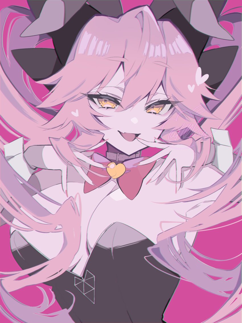 1girl animal_ears bare_shoulders black_leotard bow bowtie breasts cleavage detached_collar fate/grand_order fate_(series) hair_between_eyes highres i10_ksw koyanskaya_(fate) large_breasts leotard long_hair looking_at_viewer open_mouth pink_hair playboy_bunny rabbit_ears revision sidelocks smile solo tamamo_(fate) wrist_cuffs yellow_eyes