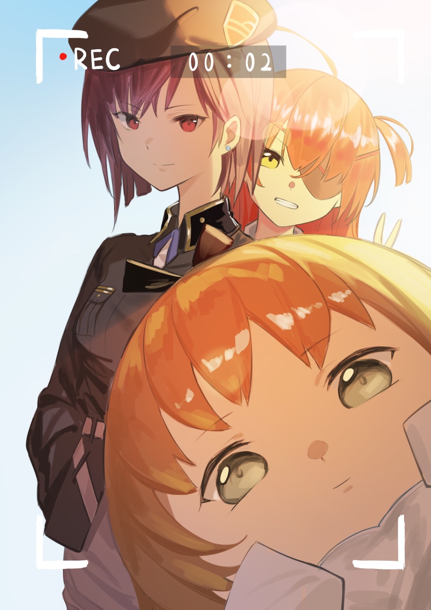 3girls absurdres ahoge asami_makiko_(heaven_burns_red) blonde_hair breasts collared_shirt earrings eyepatch green_eyes grin hat heaven_burns_red highres jewelry kotori_photobomb kr_woyue multiple_girls nanase_nanami_(heaven_burns_red) purple_hair red_eyes red_hair shirt short_hair smile tezuka_saki viewfinder yellow_eyes