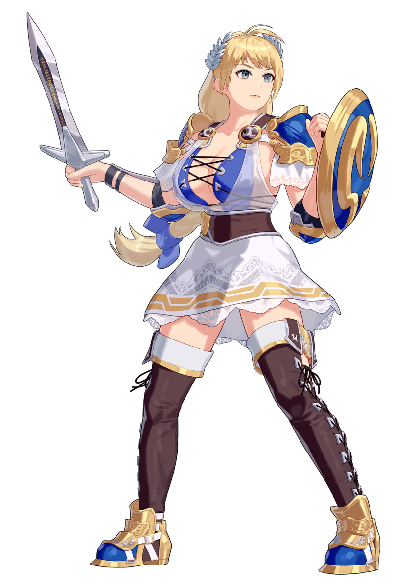1girl armor asymmetrical_dual_wielding blonde_hair blue_eyes boots breasts brown_boots cleavage dual_wielding full_body highres holding holding_shield holding_sword holding_weapon large_breasts long_hair shield shoulder_armor simple_background skirt solo sophitia_alexandra soul_calibur sword thigh_boots weapon white_background white_skirt yagi2013
