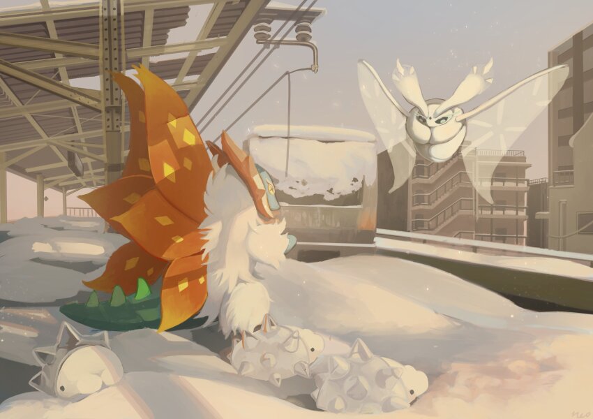 absurdres bug building commentary_request frosmoth gen_8_pokemon highres king_joe_(neoroto) nintendo no_humans outdoors pokemon pokemon_(creature) slither_wing snom snow solid_circle_eyes spikes train train_station white_fur wings
