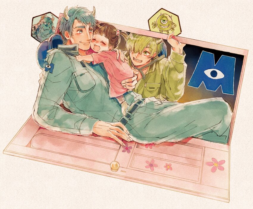 1girl 2boys animification blue_eyes blue_hair boo_(monsters_inc.) brown_hair child green_eyes green_hair highres horns humanization jacket james_p._sullivan mike_wazowski mizala monsters_inc. multiple_boys short_hair short_twintails smile twintails