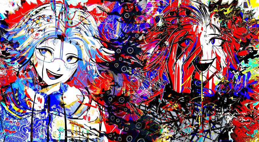 1boy :d abstract absurdres aotsuki_eito blue_eyes blush colorful commentary disembodied_eye distortion dual_persona english_commentary glasses hair_slicked_back hands_on_own_face highres hood hood_down hooded_jacket jacket long_sleeves looking_at_viewer male_focus marionxxxxxxxxx open_mouth parted_bangs psychedelic short_hair smile spoilers surreal the_hundred_line_-last_defense_academy-