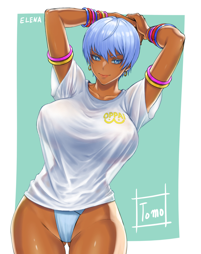 1girl absurdres armband arms_behind_head arms_up blue_eyes breasts capcom covered_erect_nipples dark-skinned_female dark_skin elena_(street_fighter) gluteal_fold half-closed_eyes highres large_breasts seductive_gaze seductive_smile shirt short_hair smile street_fighter thong tomo_eokaiteru white_hair wide_hips