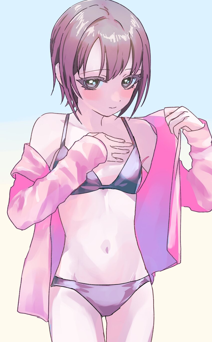 1girl absurdres bare_shoulders bikini black_bikini breasts cowboy_shot grey_hair highres idolmaster idolmaster_cinderella_girls jacket kanipoposu light_smile looking_at_viewer navel off_shoulder open_clothes open_jacket otokura_yuuki pink_jacket short_hair small_breasts solo swimsuit