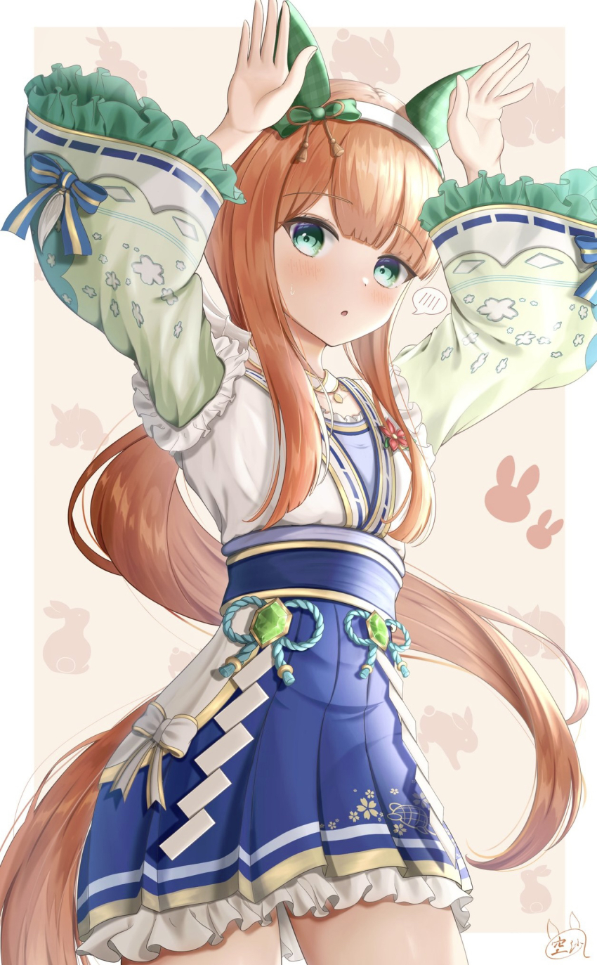 1girl :o animal_ears arms_up blue_skirt blunt_bangs blush commentary_request cosplay cowboy_shot ear_covers flat_chest frilled_skirt frilled_sleeves frills green_eyes green_sleeves hairband hakama hakama_short_skirt hakama_skirt highres horse_ears horse_girl horse_tail japanese_clothes kimono layered_sleeves long_hair long_sidelocks long_sleeves looking_at_viewer miniskirt no_headwear orange_hair parted_lips pleated_skirt rabbit_pose ribbon-trimmed_sleeves ribbon_trim satono_diamond_(floral_star_prosperous_green)_(umamusume) satono_diamond_(umamusume) satono_diamond_(umamusume)_(cosplay) short_over_long_sleeves short_sleeves sidelocks silence_suzuka_(umamusume) skirt sola_num_5130 solo tail umamusume very_long_hair very_long_sidelocks white_hairband white_kimono wide_hips