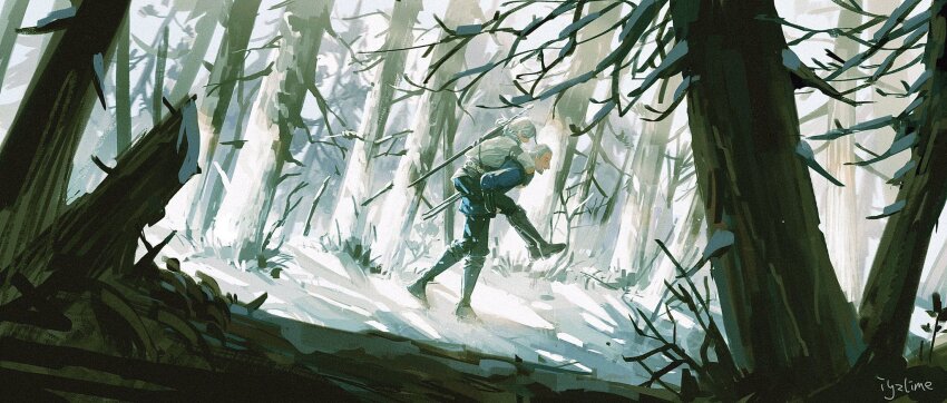 1boy 1girl boots brown_boots carrying ciri day geralt_of_rivia highres iyzlime outdoors piggyback shirt snow the_witcher_(series) the_witcher_3 tree white_hair white_shirt