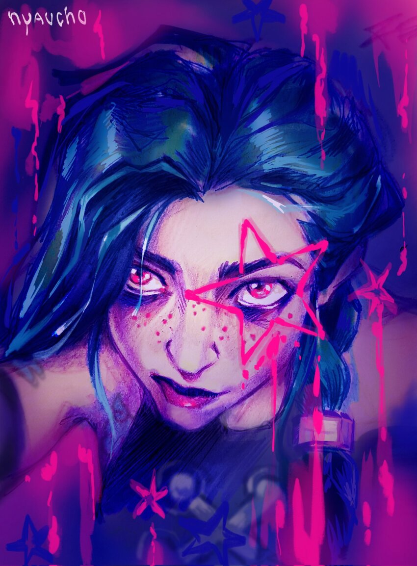 1girl arcane arcane:_league_of_legends arcane_jinx blue_hair braid eyeliner freckles highres jinx_(league_of_legends) league_of_legends lips looking_at_viewer makeup nyaucho pale_skin pink_eyes star_(symbol)
