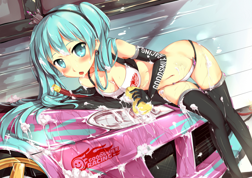 1girl aqua_eyes aqua_hair bikini blush car car_wash earrings elbow_gloves female_focus gloves goodsmile_company goodsmile_racing hatsune_miku hose jewelry long_hair motor_vehicle navel nissan nissan_silvia nissan_silvia_s15 on_car packge solo sponge swimsuit thigh_gap thighhighs tsurime twintails vocaloid washing washing_vehicle white_bikini