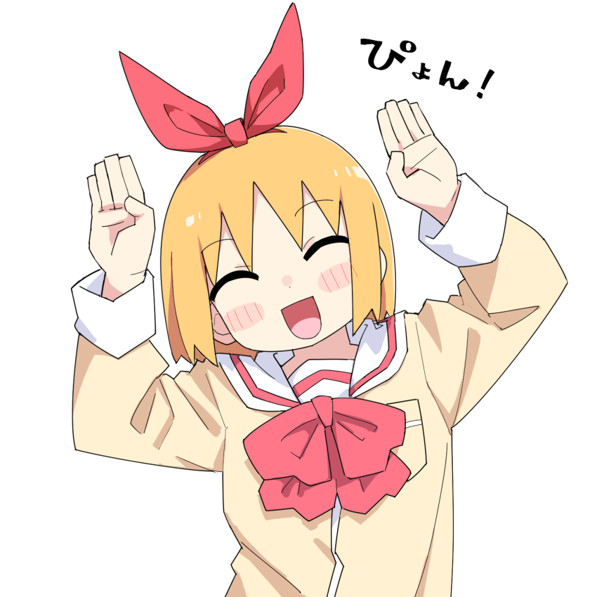 1girl ^_^ annaka_haruna blonde_hair blush bow closed_eyes commentary_request facing_viewer hair_bow highres long_sleeves nichijou open_mouth rabbit_pose red_bow sailor_collar school_uniform short_hair simple_background solo tokisadame_school_uniform upper_body white_background white_sailor_collar yachima_tana