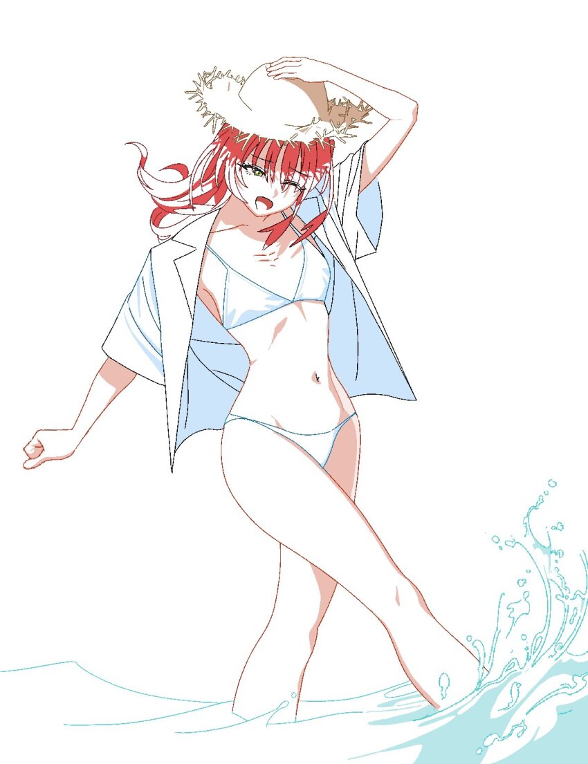 1girl bocchi_the_rock! ggm_(my_drawin5670) hat highres kita_ikuyo navel one_eye_closed red_hair shirt straw_hat swimsuit wading