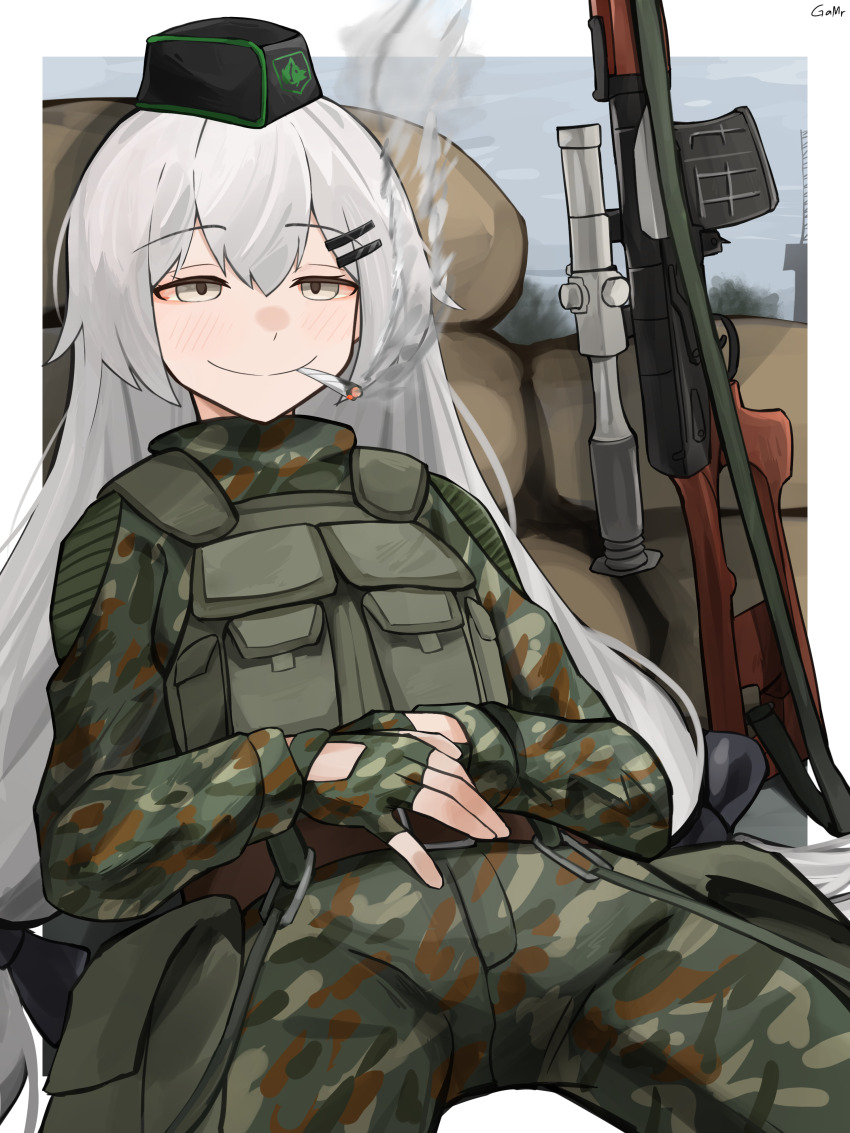 1girl absurdres blush bulletproof_vest camouflage camouflage_gloves camouflage_jacket camouflage_pants closed_mouth dragunov_svd fingerless_gloves gamryous girls&#039;_frontline gloves green_gloves green_jacket green_pants gun hair_between_eyes hair_ornament hairclip hat highres jacket joint_(drug) leaning_back long_hair marijuana military_combat_uniform military_hat military_uniform outdoors pants radio_tower rifle scope sitting sling_bikini_top smile smoking sniper_rifle solo spread_legs stalker_(game) stoned svd_(girls&#039;_frontline) variant_set very_long_hair weapon white_hair