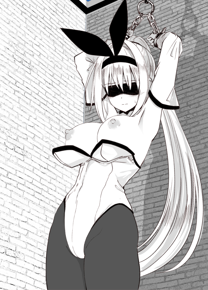 1girl armpits arms_up bare_shoulders blindfold blush bow bow_choker breasts choker cleavage clenched_hands closed_mouth collarbone covered_eyes cowboy_shot detached_sleeves fishnet_pantyhose fishnets greyscale hako_roku highleg highleg_leotard highres indoors large_breasts leotard long_hair makai_gacha_wa_kyou_mo_shibui monochrome nipples non-web_source open_clothes open_leotard pantyhose playboy_bunny ponytail ravi restrained sidelocks solo standing variant_set very_long_hair wavy_mouth