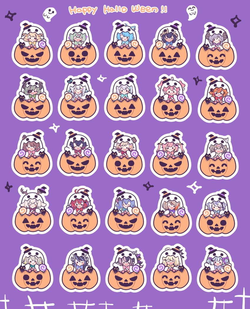 6+girls absurdres ahoge akane_canna alternate_costume amaui and_uge animal_ears antenna_hair antlers black_hair black_hat blonde_hair blue_hair blush brown_hair brown_horns chibi chibi_only closed_eyes commentary_request curled_horns dog_ears dog_girl everyone ghost_costume green_hair grey_hair grey_horns hair_through_headwear halloween halloween_costume hat hebiyoi_tier highres hinata_mashu hinokuma_ran hira_hikari horns ieiri_popo inaba_haneru_(animare) jack-o&#039;-lantern kanade_kanon kazami_kuku kino_haruc kisaki_anko kohaku_yuri konan_mia light_brown_hair long_hair looking_at_viewer medium_hair multicolored_hair multiple_girls nanashi_inc. oinomori_may one_eye_closed open_mouth orange_hair pink_hair pointy_ears pumpkin purple_background purple_hair red_hair ryugasaki_rene saionji_mary sekishiro_mico seshima_rui shimamura_charlotte short_hair simple_background smile souya_ichika streaked_hair suzumi_nemo touri_sei tsukinoki_tirol twintails upper_body virtual_youtuber white_hair witch_hat yunohara_izumi