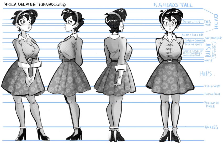 1girl andymax character_name english_text floral_print floral_print_skirt high_heels highres multiple_views original print_skirt reference_sheet retro_artstyle shirt short_hair skirt turnaround viola_delaine_(andymax)