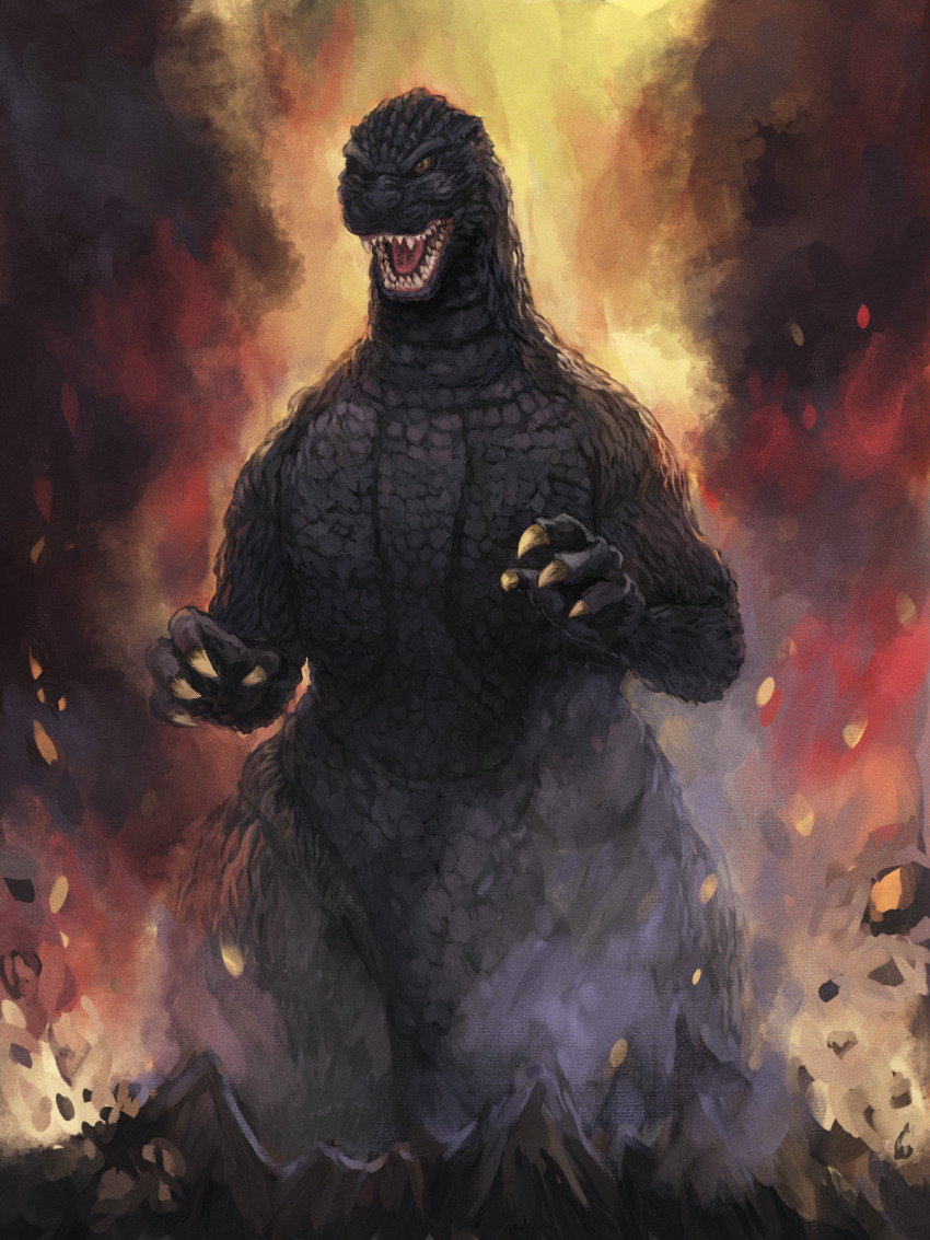akito1218 claws debris dinosaur dust ears eruption explosion fire giant giant_monster godzilla godzilla_(series) godzilla_vs._biollante highres kaiju lava monster no_humans open_mouth orange_eyes rubble sea_monster sharp_teeth smoke teeth toho tongue volcano