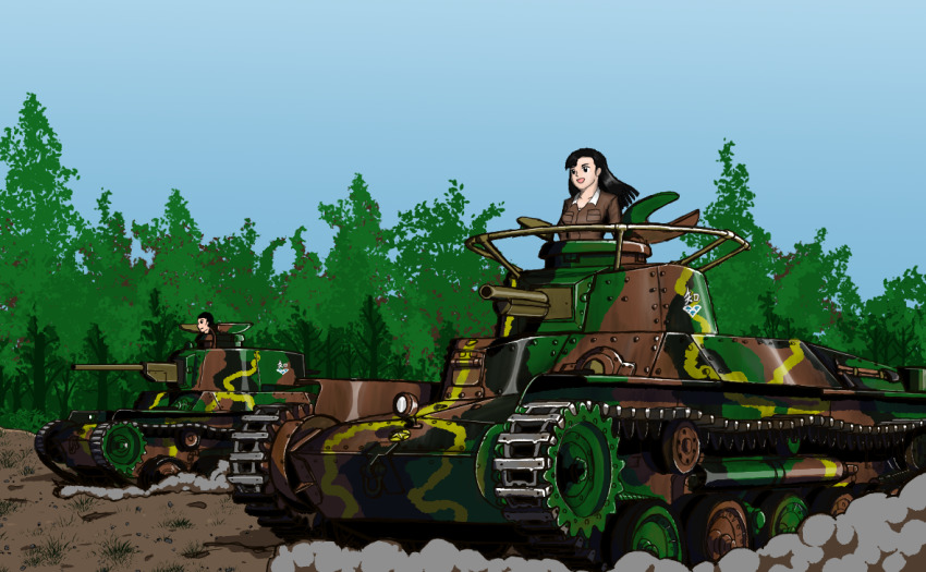 2girls black_eyes black_hair breasts caterpillar_tracks chi-hatan_(emblem) chi-hatan_military_uniform cloud commentary_request daijobuda day dust_cloud emblem forest girls_und_panzer grass long_hair military military_vehicle motor_vehicle multiple_girls nature nishi_kinuyo sky smile tamada_tamaki tank type_97_chi-ha