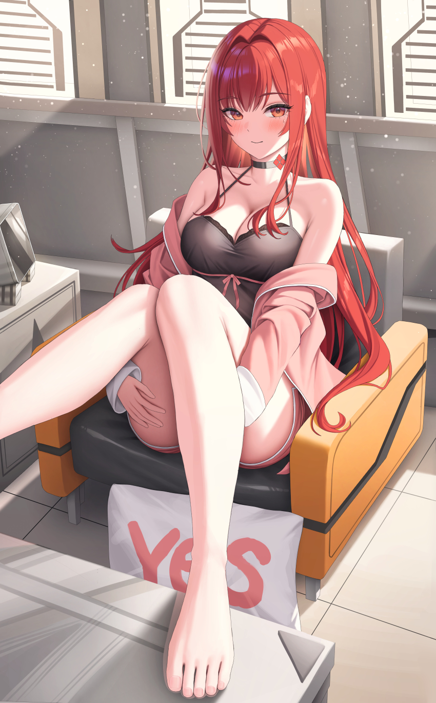 1girl absurdres bare_shoulders barefoot black_choker black_nightgown blush breasts chair choker cleavage closed_mouth collarbone commentary doenji_(auto7233) dolphin_shorts goddess_of_victory:_nikke hair_between_eyes hair_intakes highres indoors lace-trimmed_nightgown large_breasts long_hair looking_at_viewer nightgown off_shoulder official_alternate_costume official_alternate_hair_color open_pajamas pajamas pillow pink_pajamas pink_shorts rapi_(nikke) rapi_(red_hood)_(cherished_red)_(nikke) rapi_(red_hood)_(nikke) red_eyes red_hair shadow short_shorts shorts sidelocks sitting sleepwear smile solo table very_long_hair yes-no_pillow