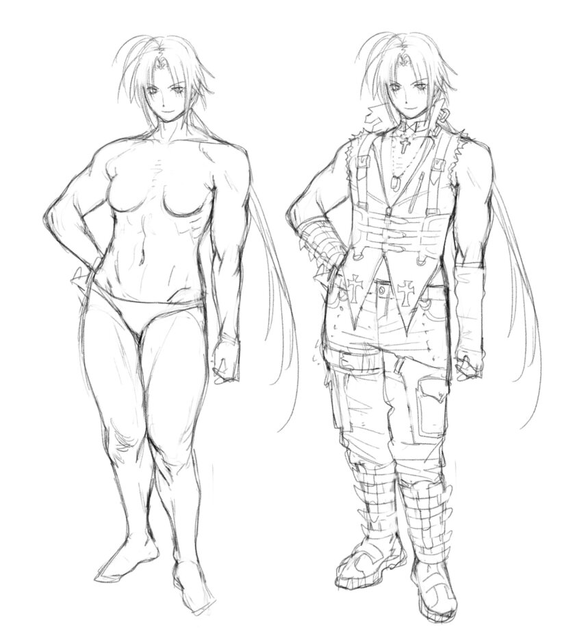 1girl boots breasts choker closed_mouth collarbone cross cross_choker dahlia_(meisharan) dog_tags highres jewelry long_hair meisharan muscular muscular_female navel necklace no_nipples original panties pants ponytail simple_background sketch sleeveless small_breasts standing underwear very_long_hair white_background