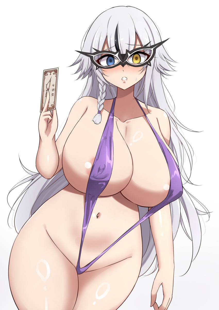 1girl :o absurdres blue_eyes braid breasts card collarbone covered_erect_nipples embarrassed goddess_of_victory:_nikke highres holding holding_card huge_breasts long_hair looking_at_viewer mask mistynight multicolored_eyes multicolored_hair navel phantom_(nikke) purple_slingshot_swimsuit revealing_clothes simple_background slingshot_swimsuit swimsuit white_background white_hair yellow_eyes