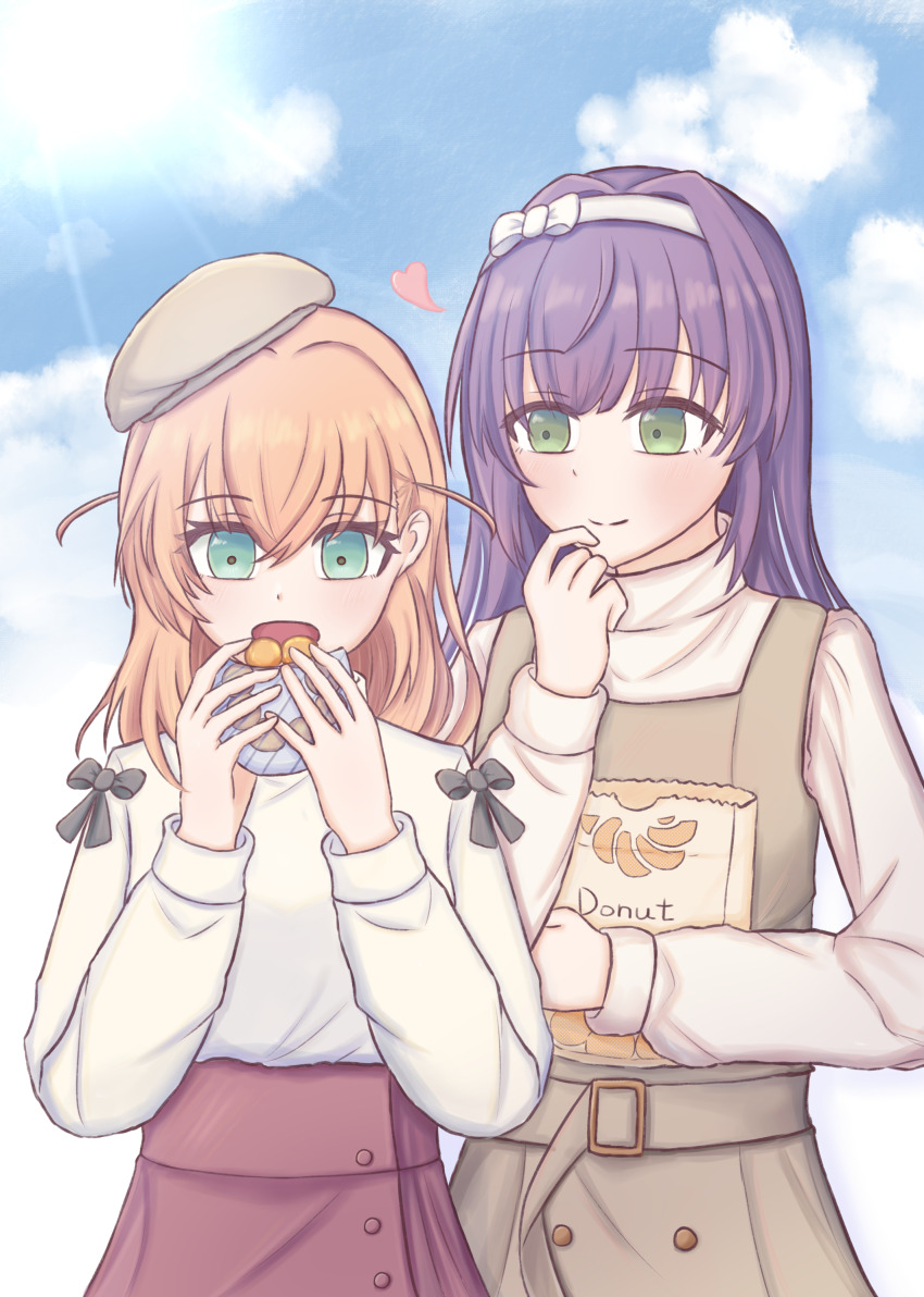 2girls :d absurdres bag belt beret black_bow blue_sky bow bow_hairband closed_mouth cloud commentary_request cowboy_shot day donut dress eating food grey_dress grey_hat hair_down hair_intakes hairband hat highres hikari863126 hinoshita_kaho hinoshita_kaho_(first_date) holding holding_bag holding_donut holding_food link!_like!_love_live! long_belt long_hair long_sleeves looking_at_another love_live! multiple_girls open_mouth otomune_kozue otomune_kozue_(first_date) paper_bag pinafore_dress pon_de_ring purple_hair red_skirt skirt sky sleeveless sleeveless_dress smile split_mouth sweater tilted_headwear two_side_up white_hairband white_sweater