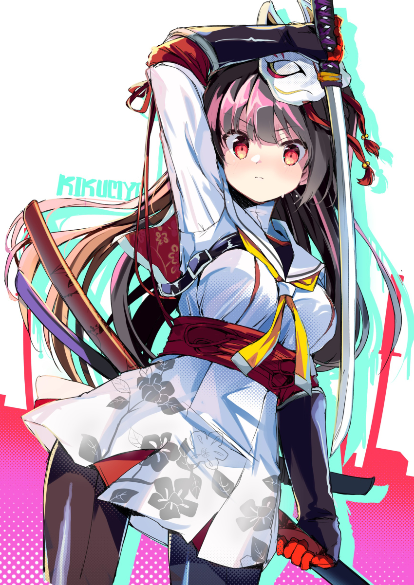 1girl 3: absurdres arm_up black_gloves black_hair blush character_name closed_mouth commentary cowboy_shot dohna_dohna_issho_ni_warui_koto_o_shiyou dress drop_shadow fox_mask frown gloves highres holding holding_sheath holding_sword holding_weapon katana long_hair long_sleeves looking_at_viewer mask mask_on_head mibu_kikuchiyo neckerchief red_background red_eyes red_sash sailor_collar sash scabbard sheath short_dress simple_background solo split_mouth straight_hair sweatdrop sword takepoison two-tone_background v-shaped_eyebrows weapon white_background white_dress white_sailor_collar yellow_neckerchief