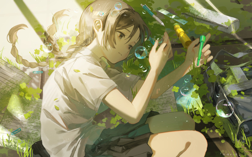 1girl absurdres braid brown_eyes brown_hair brown_skirt bubble bubble_pipe day eyelashes highres holding looking_at_object lying on_side original paper paperclip parted_lips pen pencil_case pleated_skirt ruler school_uniform shirt short_sleeves sidelocks skirt soap_bubbles solo sunlight white_shirt yoru_410