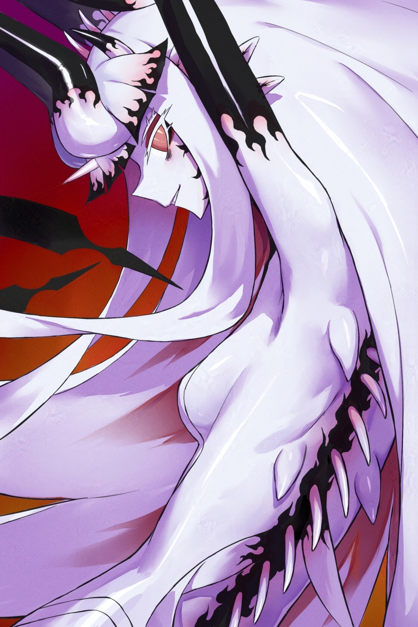 1girl arm_up armpits arms_up breasts colored_skin eldritch_abomination haraya_manawari highres horns living_hair long_hair looking_at_viewer monster_girl multicolored_skin nude orange_eyes original pale_skin sideboob small_breasts smile solo tentacles two-tone_skin