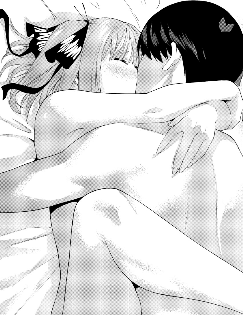 1boy 1girl absurdres bed black_hair blush butterfly_hair_ornament closed_eyes go-toubun_no_hanayome greyscale hair_ornament hair_ribbon highres hug kiss kosmos_beta leg_lock monochrome nakano_nino on_bed paid_reward_available ribbon sex twintails two_side_up uesugi_fuutarou