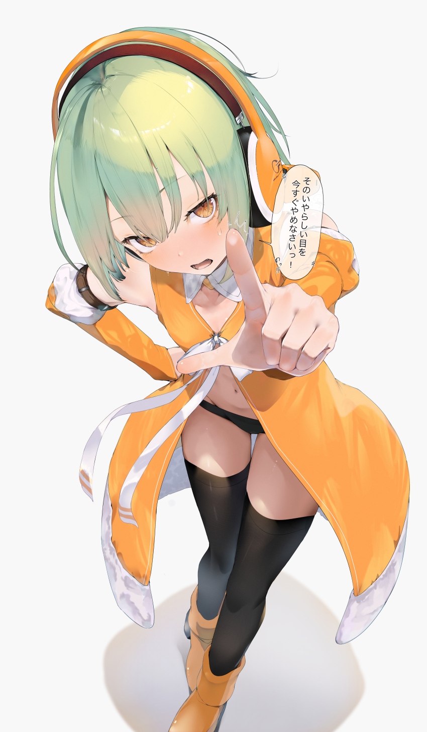 1girl absurdres anger_vein ankle_boots bare_shoulders black_panties black_thighhighs blush boots breasts chunithm detached_sleeves fang from_above full_body green_hair groin hair_between_eyes hand_on_own_hip headphones highres kisaragi_yaya long_sleeves looking_at_viewer navel no_pants open_clothes open_mouth open_shirt orange_boots orange_eyes orange_shirt orange_sleeves panties pointing pointing_at_viewer ribbon shadow shirt short_hair signature simple_background sky_feather_(chunithm) sleeveless small_breasts socks solo speech_bubble spoken_anger_vein standing sweat sweatdrop thigh_gap thighhighs thighs translation_request underwear white_background white_ribbon