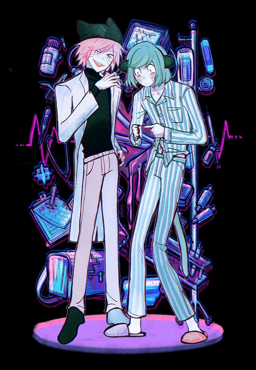 2boys absurdres animal_ears animal_hat bagel_(xinjinjumin900341874831) black_background black_eyes black_sweater blue_hair blue_pajamas cardiogram cat_boy cat_hat cat_tail cigarette coat facial_mark fake_animal_ears fangs fingernails full_body hat highres holding holding_cigarette index_fingers_together intravenous_drip iv_stand lab_coat looking_at_viewer male_focus medicine multiple_boys nyen_(randal&#039;s_friends) nyon_(randal&#039;s_friends) pajamas pink_hair randal&#039;s_friends sharp_fingernails short_hair slippers standing striped_clothes striped_pajamas sweater tail turtleneck turtleneck_sweater whisker_markings white_coat