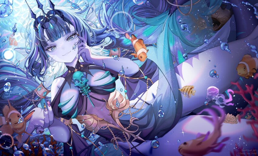 1girl artist_name black_hair blue_eyes blue_hair breasts bubble closed_mouth clownfish colored_skin coral deep_sea_void dress eyelashes fins fish fish_girl gem_hair_ornament grey_skin head_fins highres indie_virtual_youtuber isari_sensei long_hair multicolored_hair pelvic_curtain see-through_clothes see-through_dress skull_ornament sparkle streaked_hair tail tiara underwater virtual_youtuber