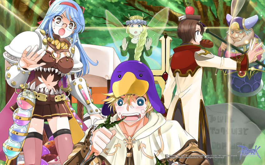2boys 3girls apple apple_on_head armor baba_yaga_(ragnarok_online) black_pants blonde_hair blue_eyes blue_hair blush book book_on_head bread breasts brown_skirt brown_thighhighs bucket capelet clothing_cutout coat copyright_notice cross dress eating fairy fairy_wings feet_out_of_frame fish food forest fruit genetic_(ragnarok_online) glasses gold_trim green_dress guest_art hairband hat high_priest_(ragnarok_online) highres holding holding_staff in_bucket in_container logo long_hair long_sleeves looking_at_another mavka medium_breasts miniskirt multicolored_coat multiple_boys multiple_girls nature navel navel_cutout object_on_head official_art official_wallpaper old old_woman open_mouth pants pauldrons penguin_hat potion pullcart ragnarok_online red_coat red_hairband rimless_eyewear short_hair shoulder_armor skirt smile staff swordsman_(ragnarok_online) tanimati_kudari teeth thighhighs tree two-tone_coat vambraces vial white_capelet white_coat wings