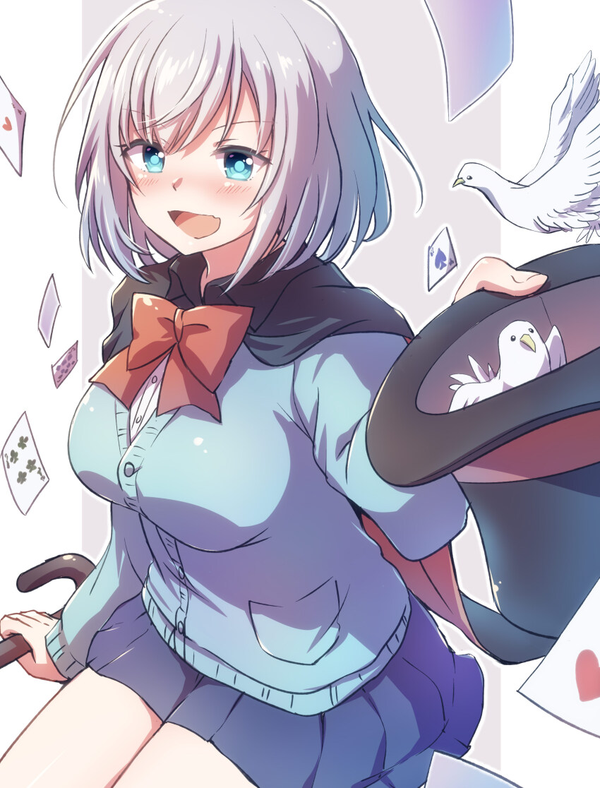 1girl absurdres bird black_cape black_hat blue_cardigan blue_eyes blue_skirt blush border bow bowtie breasts cane cape card cardigan commentary grey_background grey_hair hat highres holding holding_cane holding_unworn_clothes holding_unworn_hat large_breasts looking_at_viewer nyaa_(nnekoron) open_mouth outside_border pillarboxed playing_card pleated_skirt red_bow red_bowtie short_hair sitting skirt smile solo tejina_senpai tejina_senpai_(series) top_hat unworn_hat unworn_headwear white_bird white_border