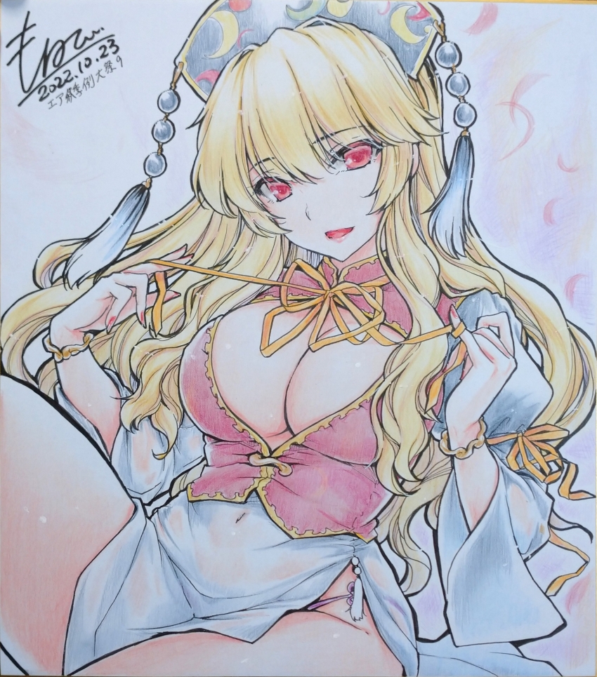 1girl absurdres alternate_costume blonde_hair bracelet breasts cleavage cleavage_cutout clothing_cutout clothing_request commentary_request covered_navel dalachi_(headdress) dated highres jewelry junko_(touhou) large_breasts long_hair long_sleeves looking_at_viewer monety neck_ribbon open_mouth orange_ribbon red_eyes red_nails ribbon shikishi signature smile solo touhou traditional_media very_long_hair