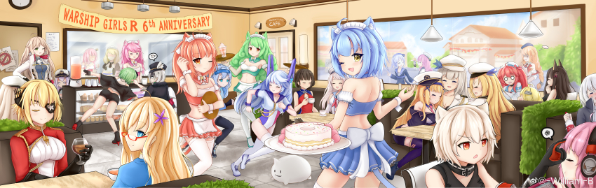 6+girls absurdres ahoge akagi_(warship_girls_r) albacore_(warship_girls_r) alcohol animal_ears atlanta_(warship_girls_r) bakery bare_shoulders bismarck_(warship_girls_r) black_hair blonde_hair blue_eyes blue_hair blue_skirt bread breasts brown_hair cake cat_ears cat_tail chair changchun_(warship_girls_r) chaser_(warship_girls_r) china_dress chinese_clothes choker cleavage clock closed_eyes collar constellation_(warship_girls_r) cup des_moines_(warship_girls_r) door dress drinking_glass english_text eyepatch flower food galo_(warship_girls_r) glasses gloves green_eyes green_hair grey_hair hair_flower hair_ornament hat headphones highres holding hood_(warship_girls_r) incredibly_absurdres indoors juneau_(warship_girls_r) lamp le_fantasque_(warship_girls_r) le_terrible_(warship_girls_r) lexington_(warship_girls_r) long_hair maid maid_headdress midriff miniskirt missouri_(warship_girls_r) multiple_girls navel one_eye_closed open_mouth pink_hair pleated_skirt prince_of_wales_(warship_girls_r) purple_hair red_eyes red_hair renown_(warship_girls_r) ribbon roma_(warship_girls_r) san_diego_(warship_girls_r) san_juan_(warship_girls_r) saratoga_(warship_girls_r) shop short_hair sigsbee_(warship_girls_r) sitting skirt sleeveless smile sovetsky_soyuz_(warship_girls_r) standing table taihou_(warship_girls_r) tail the_sullivans_(warship_girls_r) thighhighs tirpitz_(warship_girls_r) tray twintails u96_(warship_girls_r) vittorio_veneto_(warship_girls_r) warship_girls_r white_hair williamb wine wine_glass yat_sen_(warship_girls_r) yellow_eyes