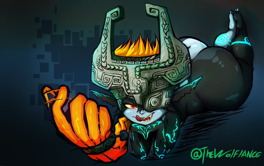 1girl 2019 abstract_background absurdres arm_tattoo artist_name ass barefoot beckoning black_skin blue_background blue_skin breasts buttcrack colored_sclera colored_skin come_hither commentary covered_eyes english_commentary fang fang_out feet female_focus flat_chest helmet helmet_over_eyes highres huge_ass leg_tattoo licking_lips long_hair looking_at_viewer lying midna multicolored_skin naughty_face navel nintendo nude on_stomach orange_hair own_hands_together plantar_flexion ponytail prehensile_hair red_eyes shortstack simple_background small_breasts soles solo tattoo the_legend_of_zelda the_legend_of_zelda:_twilight_princess thecon thick_thighs thighs tongue tongue_out tsurime two-tone_skin wide_hips wolflance yellow_sclera